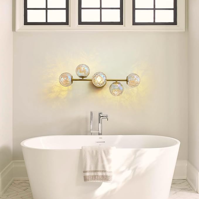 Brushed Gold LED Stained Hammered Glass Globe Bathroom Vanity Light | Colorful Water Ripple Light Effect, Decorative Stained Hammered Glass, Brushed Gold Finish, Built-In LED Source, mcm design