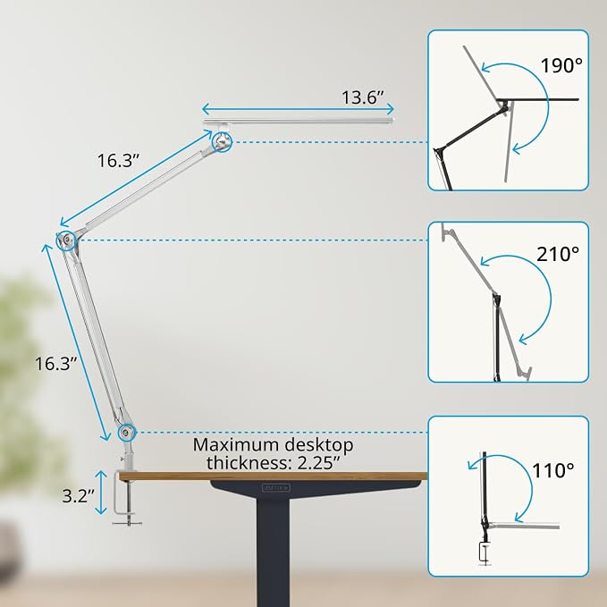 UPLIFTDESK E7 LED Desk Lamp with Clamp - 3 Color Mode Architect Desk Lamp | Dimmable Desk Lights for Home Office, Computer Desk Light with Adjustable Swing Arm, Modern Desk Lamp for Standing Desk