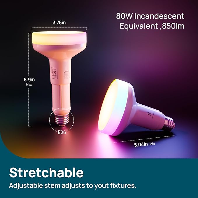 Linkind Matter BR30 Smart Light Bulbs with Stretchable Design & 4-Zone Aurascape Color, 850LM Recessed Smart Flood Light Bulb, Works with Alexa/Apple Home/Google Home, Music Sync Light Show, 4 Pack
