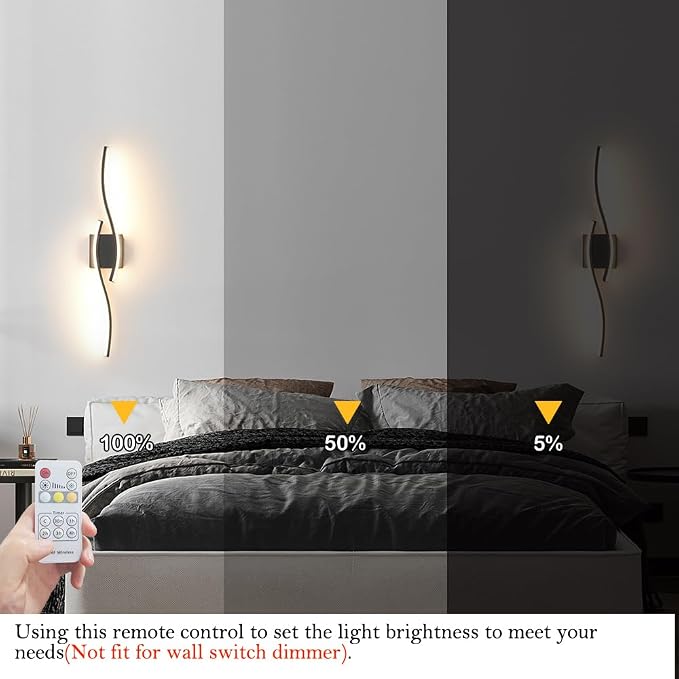Daunton Modern Hardwired Wall Sconce Set of 2, LED Black Wall Light with Remote Control, RC Dimmable LED Wall Light Indoor, Wall Decor for Hallway Bedroom Living Room TV Wall, 27.5 in, Timer, Memory