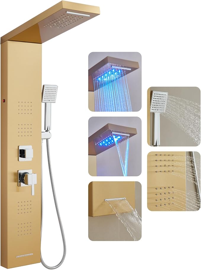 ROVOGO Gold Shower Panel Tower System W/Led Lights & 5 Shower Modes, 46.5" | Rainfall Waterfall Shower Head, 4 Body Massage Jets, Handheld and Tub Spout, Stainless Steel Shower Column with Brass Valves
