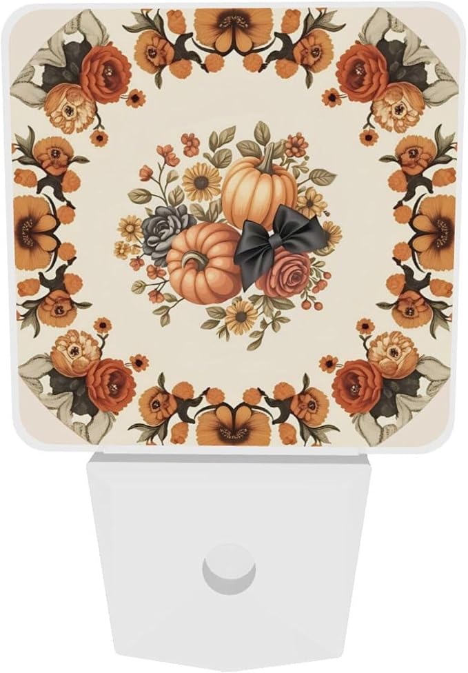 Pumpkin Fall Night Lights Sunflowers LED Plug-in Night Light 2-Pack, Auto Sensor Nightlights Set of 2 for Bedroom Bathroom