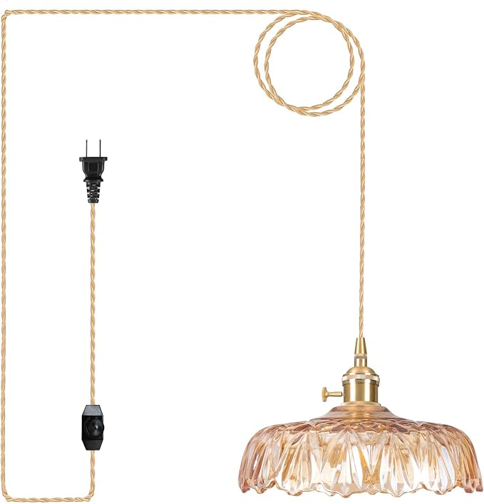 Plug in Pendant Light Fixtures,Amber Glass Lampshade Pendant Lighting 9.4in E26 Hanging Light FixtureCorded On/Off Switch for Kitchen Island, Bedroom, Dining Room