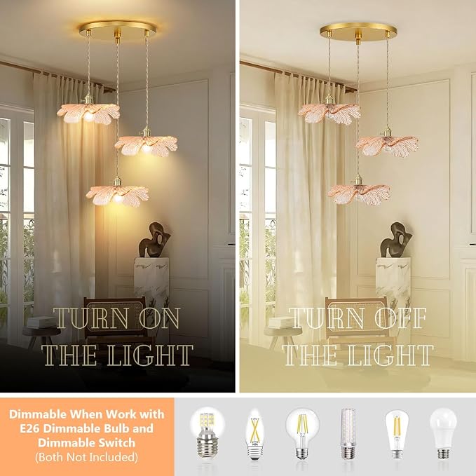 Amber Glass Pendant Chandelier, 3-Light Gold Brass Modern Light Fixture for Kitchen Island, Dining Table, Hallway & Entryway
