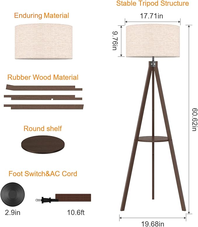 LEPOWER Shelf Floor Lamp Tripod Mid Century Modern Lamps for Living Room | Light-Diffusing Linen Shade, Premium Rubberwood, E26 Base, Foot Switch, Adding Warmth to Bedroom, Office & Study Corner Dark