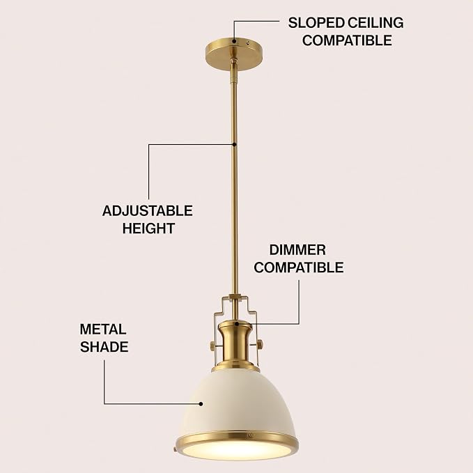 JONATHAN Y Homer Industrial Dome Pendant 10", Almond/Brass Gold | 1-Light, Farmhouse Style, Adjustable Hanging Height, Glass Diffuser, Sloped Ceiling Compatible, Metal, LED Bulb Included