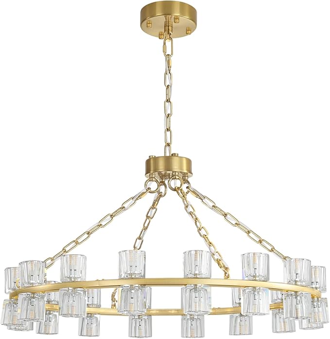 D32 Gold Wagon Wheel Chandeliers 32-Lights Modern Round Chandelier Crystal Chandeliers for Dining Room,Living Room Vintage Chandelier for Foyer Hallway