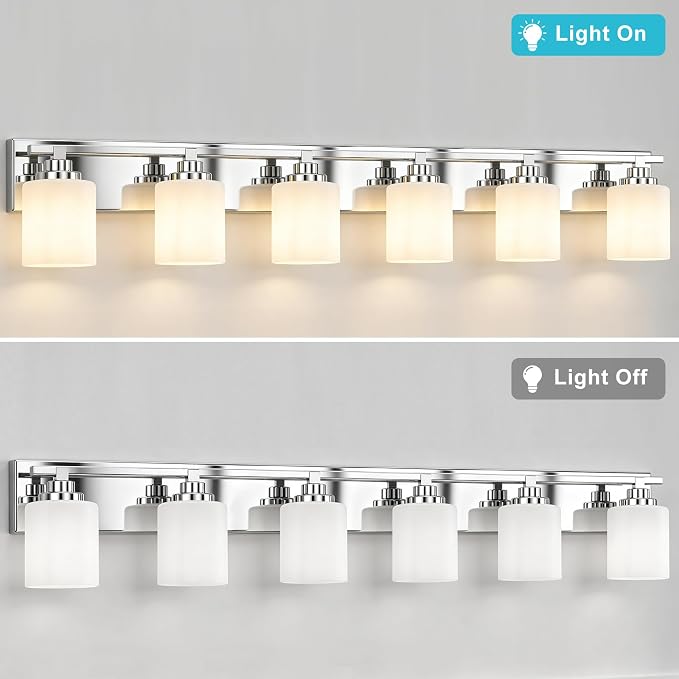 Modern Bathroom Lighting Fixtures Over Mirror, Vanity Lights for Bathroom, Wall Sconces with Milky White Glass Shades, E26 Ceramic Socket, 6-Light 43-inch Chrome