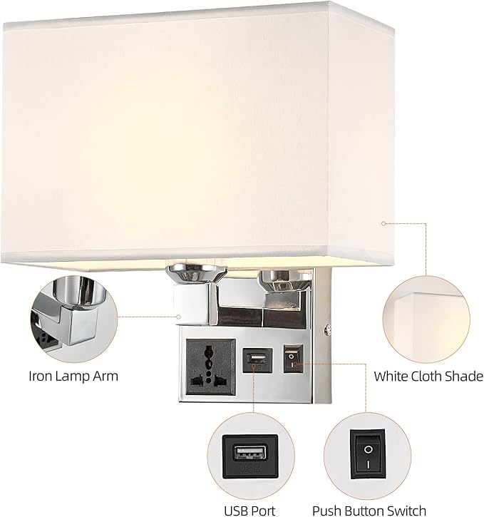 Bedside Wall Mount Light with USB, LED Reading Swing Arm Fabric Shade Wall Sconce, Hardwired Wall Lamp for Bedroom, Living Room Hotel (Chrome)