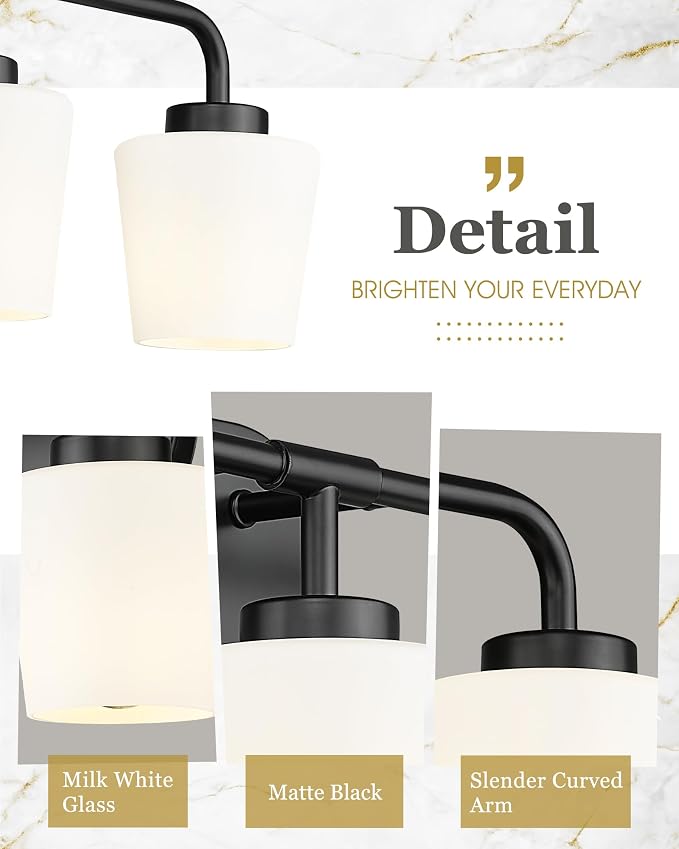 Bathroom Light Fixtures Over Mirror, 3-Light Matte Black Vanity Lighting Fixtures with Milk White Glass, Vintage Farmhouse Wall Sconces Lighting, AD-22004-3W-BK