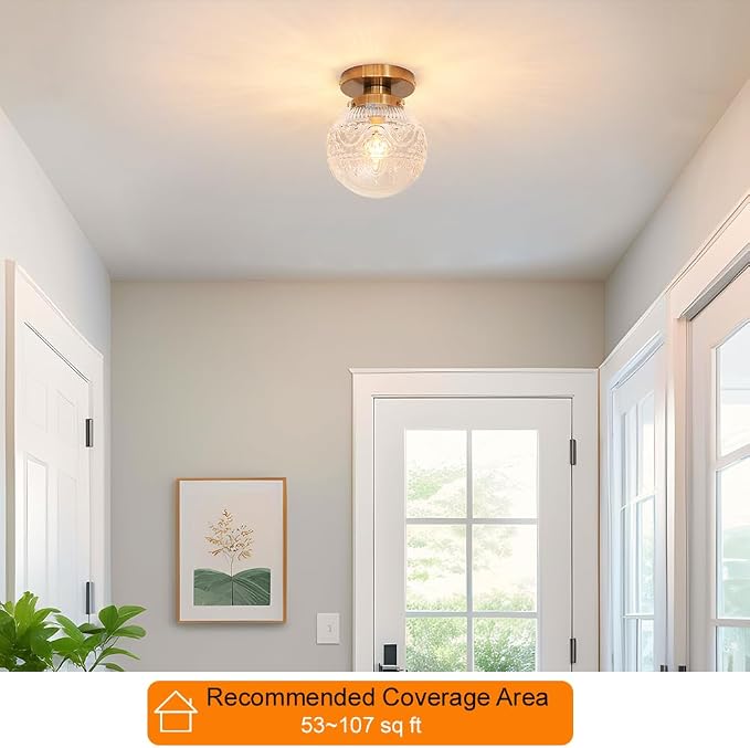 Daunton Small Semi Flush Mount Ceiling Light, Modern Globe Clear Glass Ceiling Light Fixture, Vintage Brass Gold Hallway Light Fixtures for Kitchen, Entryway, Bathroom, Closet