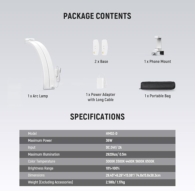 NEEWER Basics 29" Half Moon Nail Light for Desk, 36W Foldable Nail Tech Table Arc Lamp, LED Manicure Half Ring Light with Phone Holder for Makeup Beauty Tattoo Overhead Video Recording, HM02-D