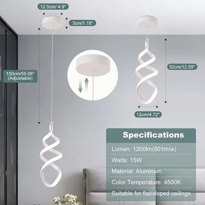 Modern Led Pendant Light Fixture, 15W White Spiral Led Chandelier Hanging Lamp, 4500K Daylight White Pendant Lamp, Adjustable Height Pendant Light for Kitchen Dining Room Bedroom Kitchen Island Cafe