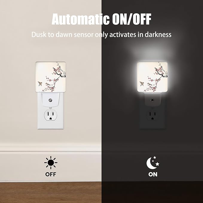 Retro Bird Night Light, Cherry Blossoms Night Lights Plug into Wall Decor for Bedroom, Bathroom, Hallway, Kitchen, Dusk to Dawn Sensor Nightlights for Boys Girls Women Men Room Gifts