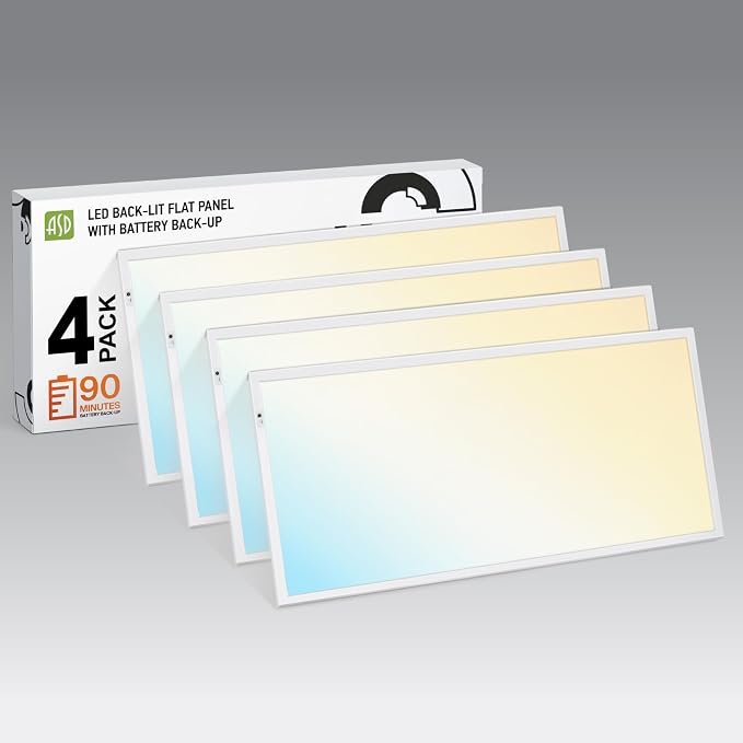 ASD 4 Pack 2x4 LED Flat Panel Light with Emergency Battery Backup - 25/30/40W UL DLC | 5025LM 3500K-5000K 120-277V Dimmable 2x4 LED Drop Ceiling Light Fixture | 2x4 Commercial Lights for Ceiling