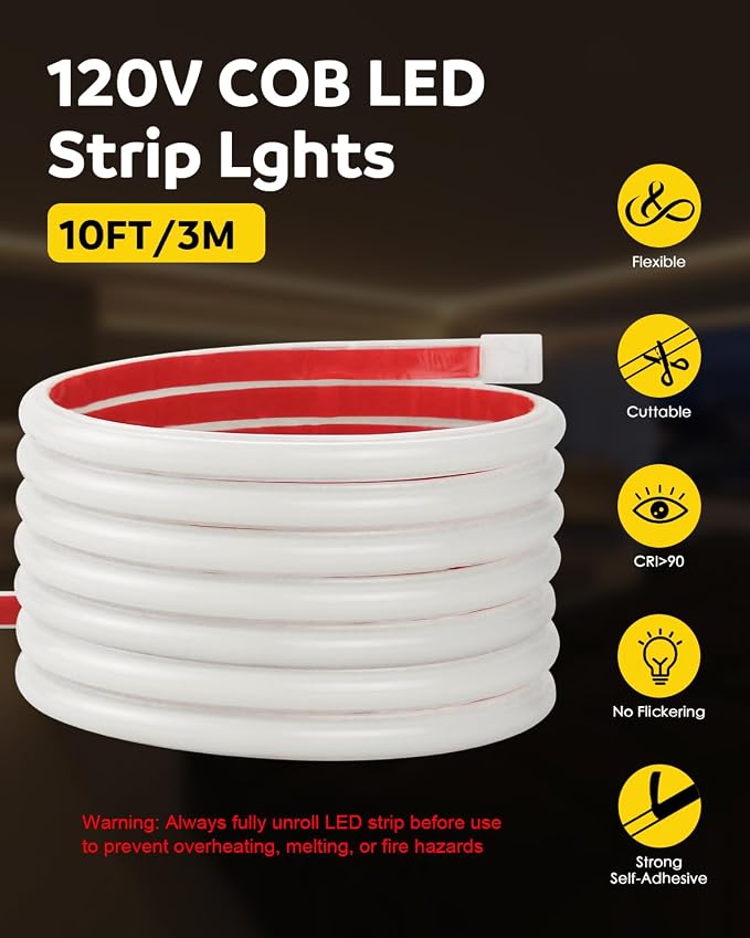 Aclorol 10FT COB LED Strip Lights 110V 120V Plug in Warm White 3000K Outdoor Rope Lights Waterproof IP67 with Self-Adhesive Super Bright for Kitchen Cabinet Bathroom Outdoor Deck Lighting Decoration