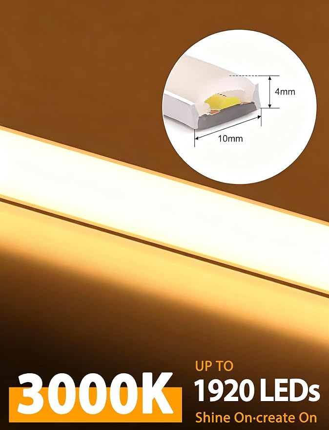 Lamomo COB LED Strip Lights 20Ft, Warm White Dimmable Self-Adhesive Led Rope Light with Remote, Flexible Cuttable Waterproof 3000K Silicone Neon Tape Light for Bedroom, Indoor, Cabinet, 10mm Width