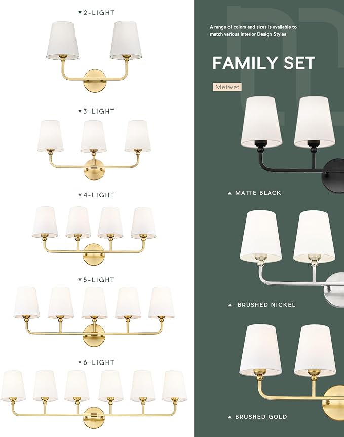6-Light Brushed Gold Bathroom Vanity Light, White Fabric Shades | Ideal for 48-64" mirrors, 42" bathroom light fixtures over mirror, upward only, E26 base, bulbs not included, VL837-BG-6