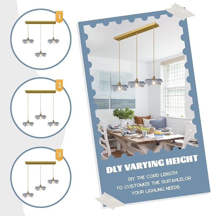 3-Light Hand Blown Glass Chandelier, Blue Flower Glass Shade with Brushed Brass Gold Base, Adjustable Pendant Light Mid Century Vintage Farmhouse Hanging Lamp for Dining Room Kitchen Island