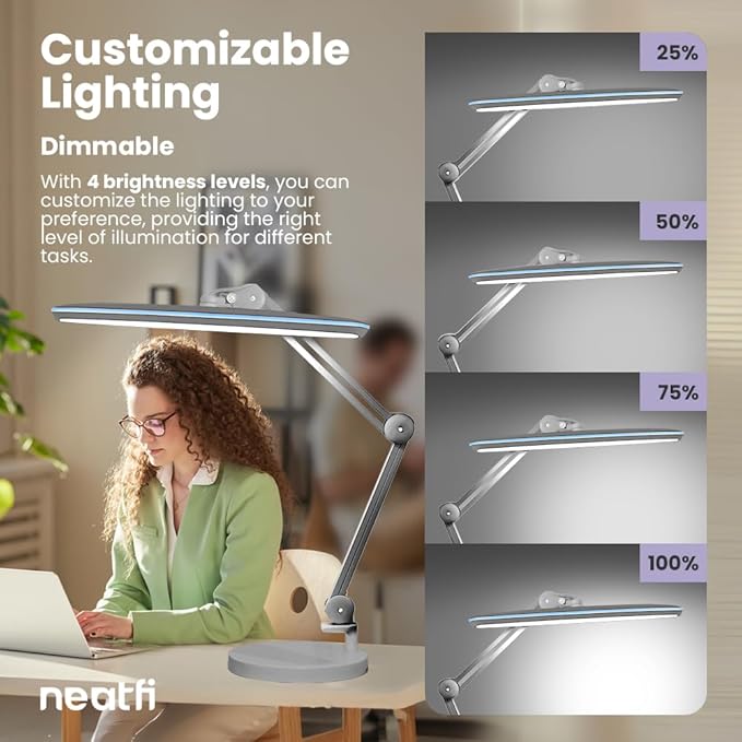 Neatfi XL 24W LED Desk Lamp with Base – 2,200 Lumens | 23” Wide Shade | Dimmable Eye-Caring Task Light | Adjustable Arm | Office, Study, Crafting & Nail Techs (Non-CCT with Base, Silver)