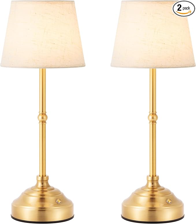 2 Pack Cordless Table Lamp, Rechargeable Desk Lamp with Fabric Shade, Battery Operated 3 Color Stepless Dimming, Small Touch Bedside Lamp Home Decor for Dining, Counter(Brushed Gold)