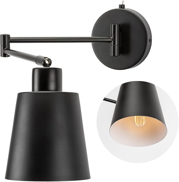 OSYNNIQ Wall Sconce Light with Adjustable Swing Arm for Bedside Reading | Wall Lamp, Modern, Industrial, Lighting Fixture, Black, Hardwired, for Bedroom/Living Room/Indoor, LED E26 Bulb Included