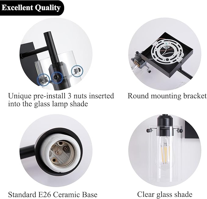 Matte Black 2-Light Bathroom Light Fixtures,Bathroom Vanity Light Over Mirror with Glass Shade,Modern Farmhouse Wall Sconces Lighting for Bedroom Cabinet Kitchen Living Room