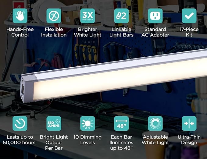Black+Decker LED Under Cabinet Light Kit, Motion Sensor, Dimmable, Linkable, 3 Color Settings, Tool-Free, Utility Light, Closets, Garage, Pantry, (1) 24" Bars