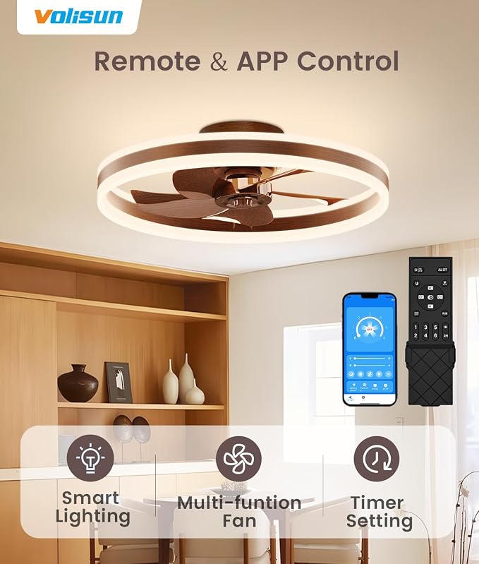 VOLISUN Low Profile Ceiling Fans with Lights and Remote, 20in Flush Mount Ceiling Fans with Light, 3000K-6500K Dimmable Fandelier LED Fan Light, Farmhouse Ceiling Fans with Lights for Bedroom