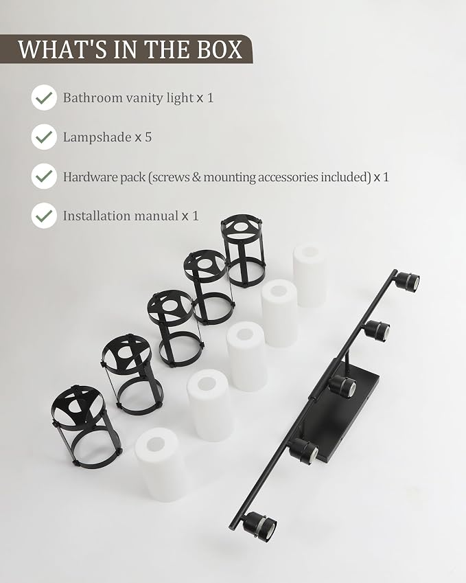 5-Light Matte Black Bathroom Light Fixtures Over Mirror with Frosted Milk Glass and Metal Cage Shade, 38" UL-Listed Modern Farmhouse Wall Sconce for Bath, Hardwire E26, OS-3014BKW-5W