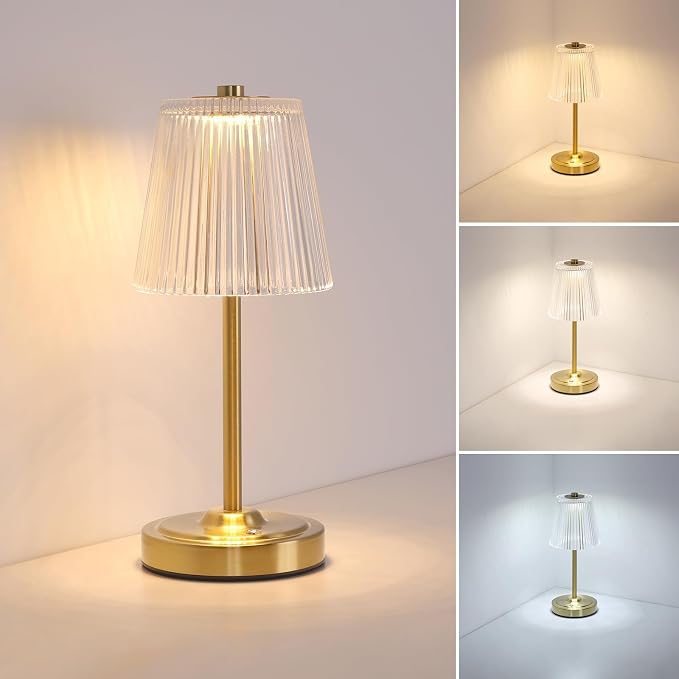 Shenmoyl Cordless Touch Table Lamp with 5200mAh Battery - 3 Adjustable Color Temperatures & Dimmable, Rechargeable Lamp for Bedroom, Living Room, Office, Entryway, Bookshelves (Transparent Stripe)