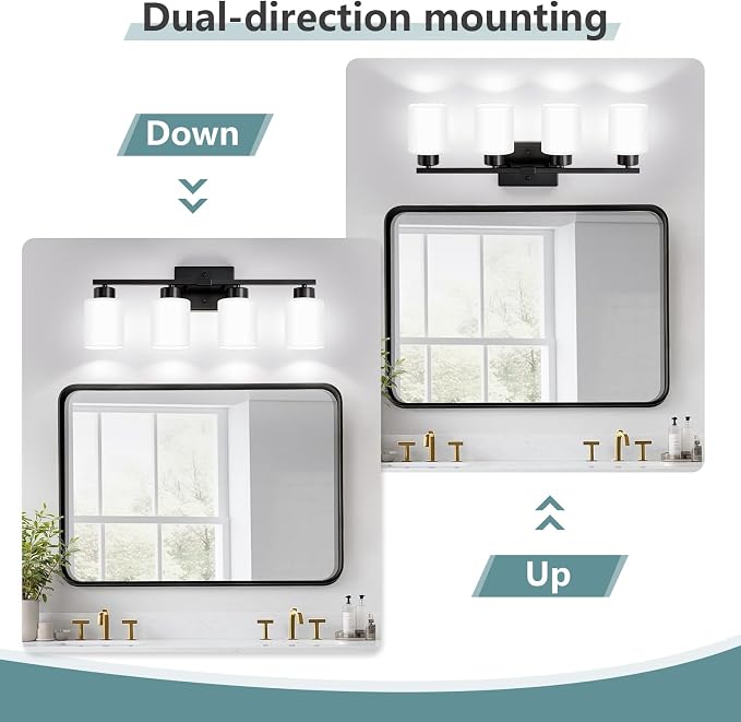 Black Bathroom Light Fixtures Vanity Lighting Over Mirror | 4-Light Modern Wall Sconces with Milky White Frosted Glass Shades for Restroom (E26 Socket)