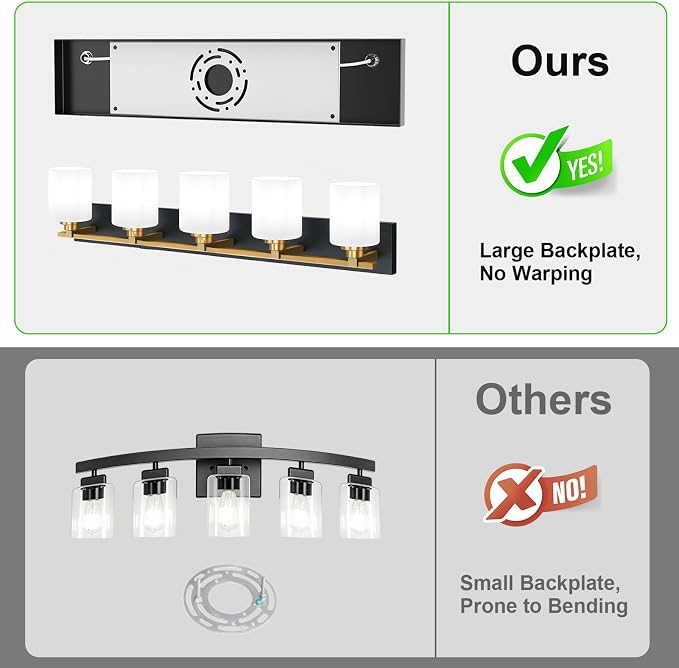 Black and Gold Bathroom Light Fixture, Modern 5 Light Vanity Lights for Bathroom Lighting Fixtures Over Mirror, White Glass Lampshade, Master & Guest bathrooms Bathroom Remodel, 35.4-inch