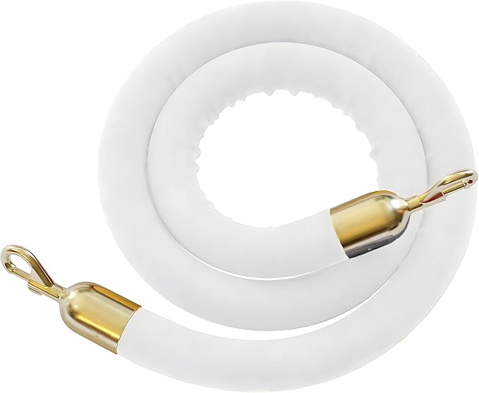 Montour Line Velvet Hanging Stanchion Rope Foam Core, 8 Foot White Rope with Polished Brass Snap Ends