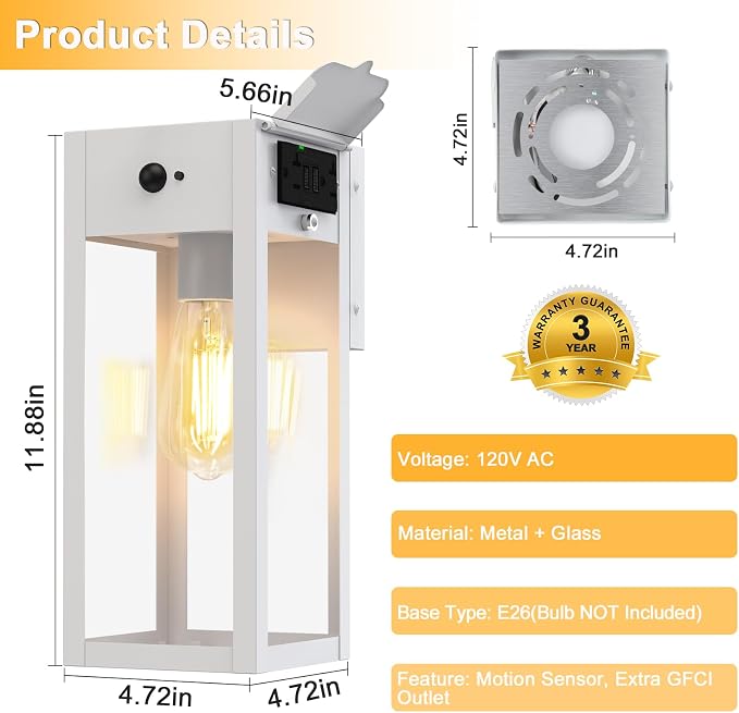 Porch Lights with GFCI Outlet, 2-Pack Motion Sensor Outdoor Lights | Dusk to Dawn, Anti-Rust, Waterproof, Tempered Glass, Easy Installation, E26 Socket, Exterior Lighting for Patio Garage, White