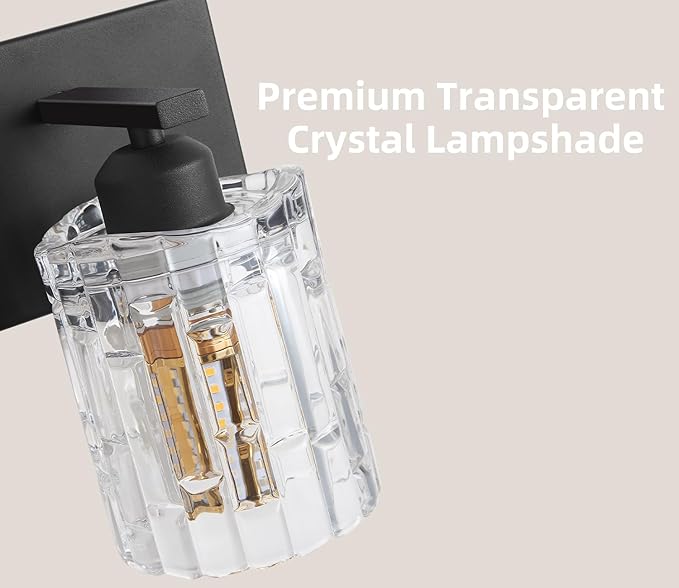 3 Lights Matte Black Crystal Bathroom Vanity Light,Modern Bathroom Wall Light,Crystal Over Mirror Light Fixtures for Living Room, Bedroom, Hallway