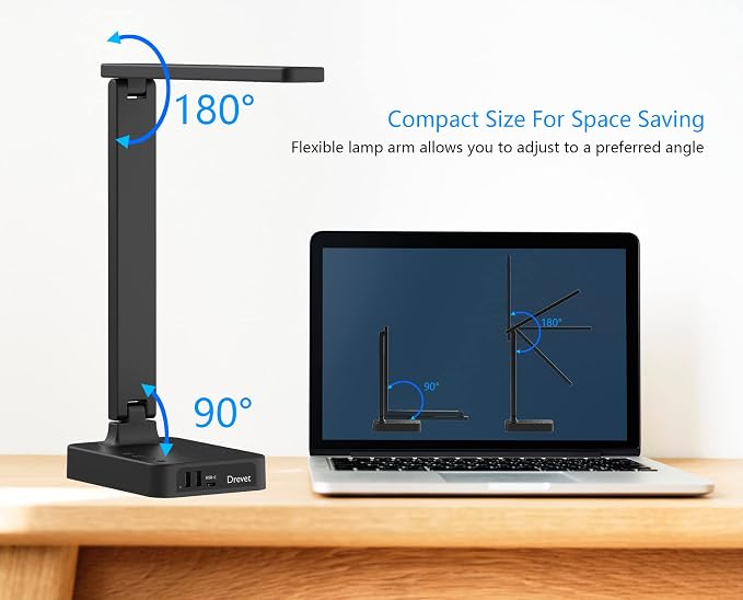 Drevet LED Desk lamp with USB C Charging Port, Table Light with 3 USB Charger and 2 AC Power Outlet, 3 Color Model, 3 Level Brightness, Touch Control, Memory Function, Eye-Caring Office Foldable Lamp