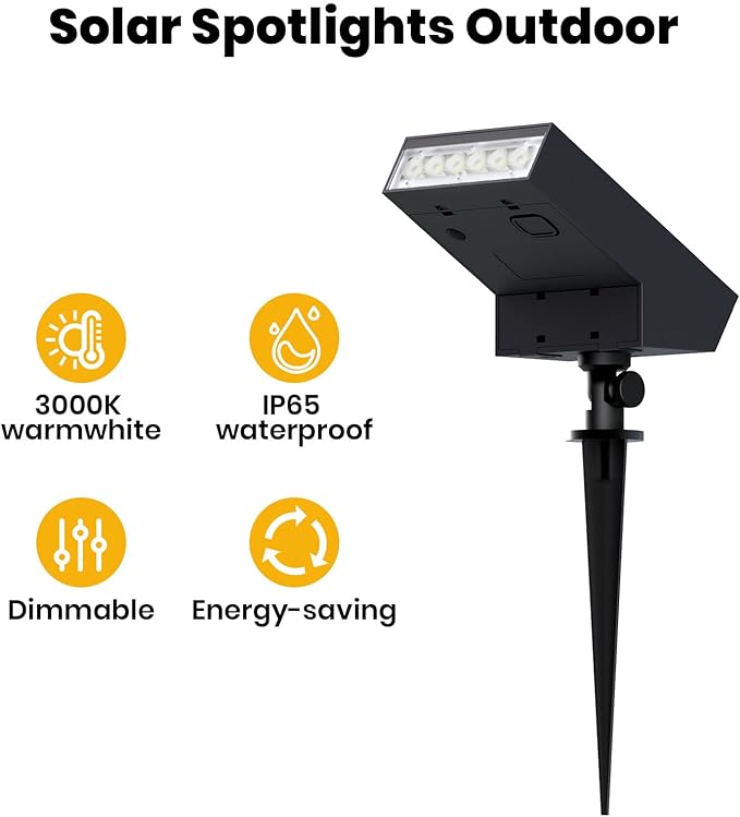 Solar Landscape Lights Outdoor, 3000K Dimmable Solar Pathway Lights, 500LM Solars Spot Light IP65 Waterproof for Walkway Lawn Yard, 2pcs