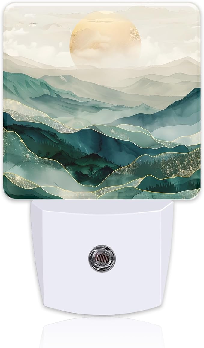 Golden Mountains with Sun Night Light for Kids,Watercolor Sunrise Mountain Night Light Plug in with Dusk to Dawn Sensor,0.5w Energy Saving Nightlight for Hallway Stairway Kitchen Bedroom