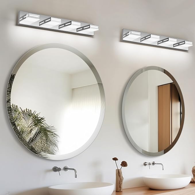 LED Modern Bathroom Light Fixtures, 4-Light 30-Inch Chrome Vanity Lights for Bathroom Lighting Fixtures Over Mirror, 6000K Cool White 350° Rotatable Wall Lamp