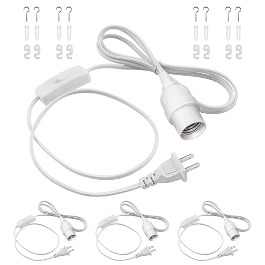 DiCUNO Hanging Lantern Extension Cord Cable, E26 Pendant Light Socket On Off Inline Cord Switch Control Lamp, Switch Close to Polarized Plug, 6.6 Feet (2M), White, 4-Pack
