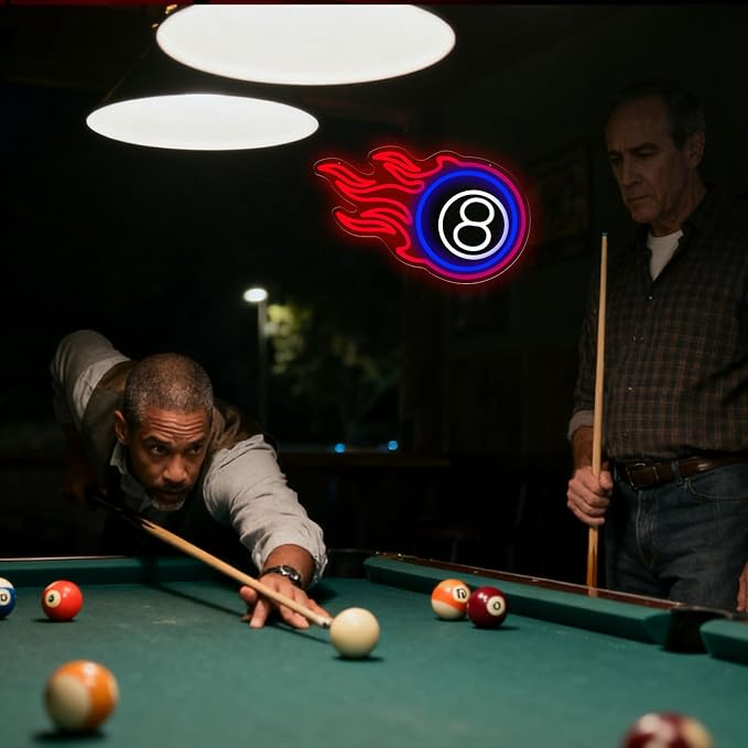 Billiard Neon Sign 8 Ball Sign Dimmable LED Pool Room Wall Decor | USB Powered LED Flame Pool Sign for Game Room Bar Man Cave Club Basement Party Pool Player Decor Billiard Lover Lounge Decor