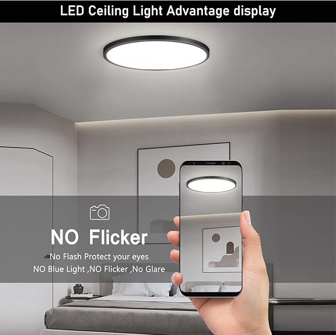 4Pack 12 Inch 3200LM Black Slim Flush Mount Ceiling Light Fixture Round Day White 6000K Thin Flat 120V Surface LED Ceiling Light 300W Equivalent