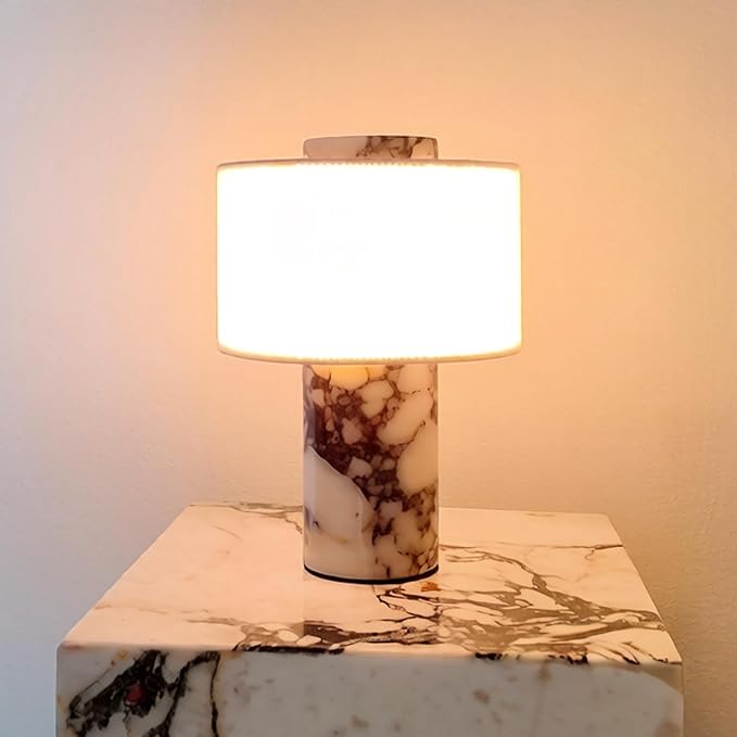 BSOD Marble Table Lamp, Natural Stone Lamps Collection - 10 inch Modern Luxury Design Decorative Light for Entry, Console, Bedroom, Living Room, Counter & Kitchen (Plug-in Calacatta Viola Lamp)