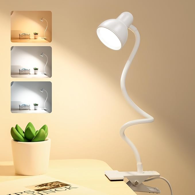 Clip on Lamp USB Reading Light, 3 Color Modes, White | 10 Brightness Dimmable, 360° Flexible Desk Lamp with Clamp, Eye Care Clip on Light for Bed Desk Headboard Home Dorm