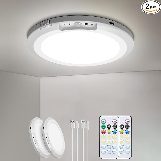 Battery Operated Ceiling Light, Motion Sensor Closet Light with Remote | 2 Packs Magnetic Ceiling Light, 10000mAh, Timer Function, 3 Modes 3 Color 10 Brightness, for Home Stairs Hallway Landry