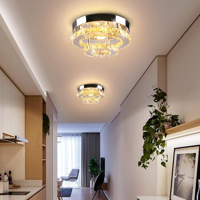 Mini Chandelier LED Crystal Ceiling Light 2 Layers Round Flush Mount Ceiling Light Modern Chandelier Lighting for Hallway Staircase Kitchen Bathroom (Multicolor)