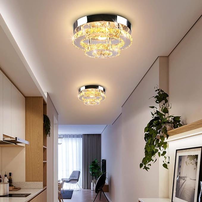 Mini Chandelier LED Crystal Ceiling Light 2 Layers Round Flush Mount Ceiling Light Modern Chandelier Lighting for Hallway Staircase Kitchen Bathroom （Dimmable）