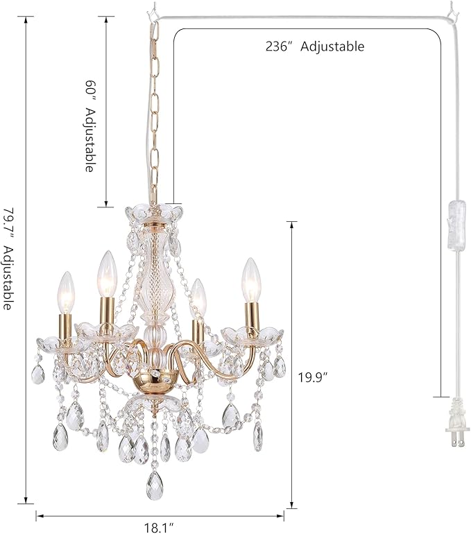 AMZASA Plug in Crystal Chandelier,French Country Gold Crystals Chandelier Pendant Lighting, 4 Light Glass Crystal Light for Living Room, Wedding, Island, Bedroom, Hallway,Foyer,Electroplating