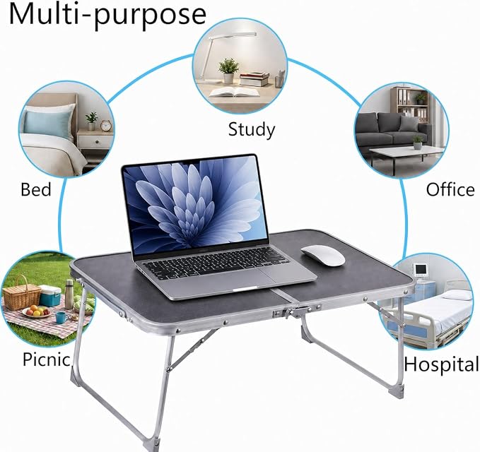 Foldable Laptop Desk, Portable Bed Table with Hidden Storage, Gray | 23.6 x 15.3 in Work Surface, Hidden Storage, Aluminum Frame, Anti-Slip Feet, Carry Handle, Safety Locks